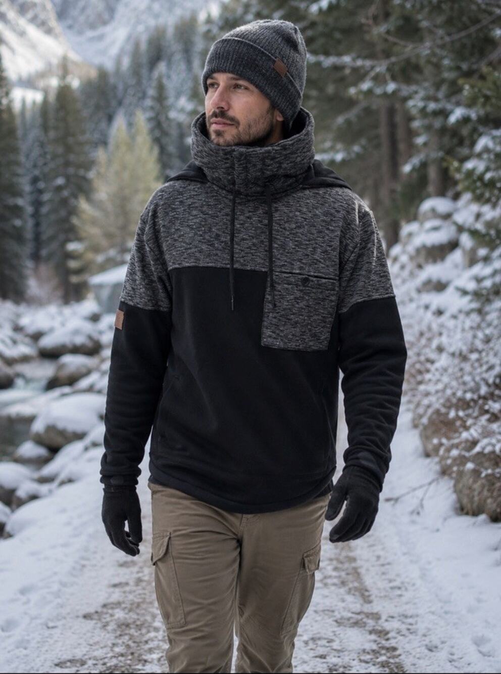 Foreign Locals Men’s Hoodie High Collar Black Grey Pockets Outerwear Sz L Snow